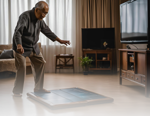 Idoso em um tapete de dança